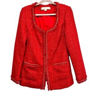 Boston Proper Gabrielle Heartthrob red & gold Fringe Tweed Jacket Blazer, size 8
